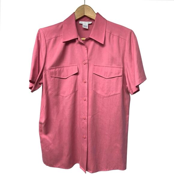 Vintage Anna & Frank Pink Silk Blouse Small Short Sleeve Pocket Button Front Top - Picture 1 of 4